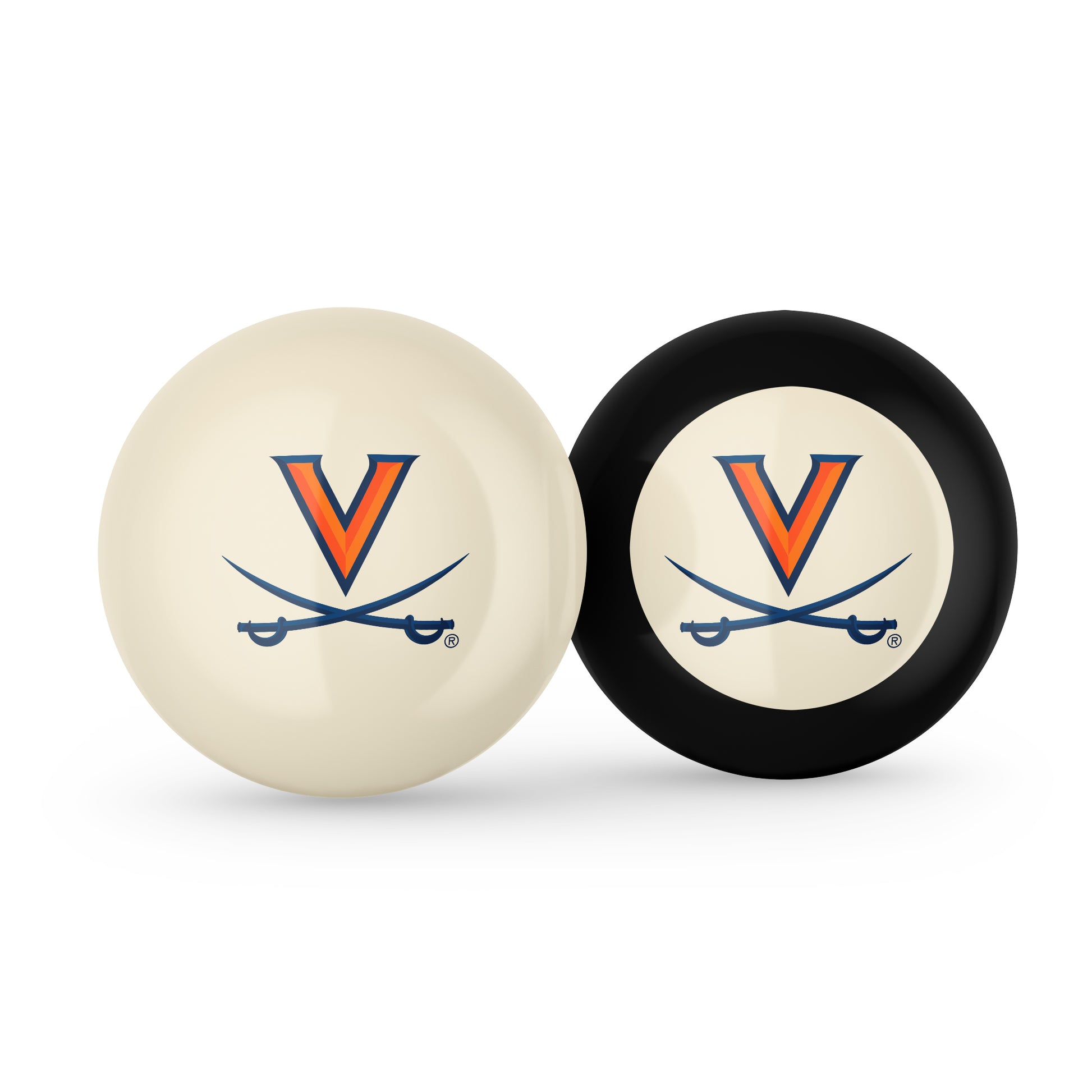 Buy Official Virginia-Cavaliers-Pool-Cue-8-Ball-Set Regulation Pool Table Cue Ball and 8-Ball Combo Set - Premium Collegiate Billiards Pack Front View