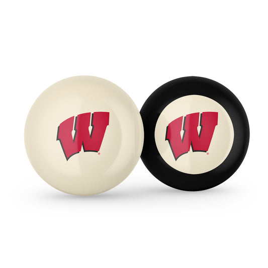 Buy Official Wisconsin-Badgers-Pool-Cue-8-Ball-Set Regulation Pool Table Cue Ball and 8-Ball Combo Set - Premium Collegiate Billiards Pack Front View