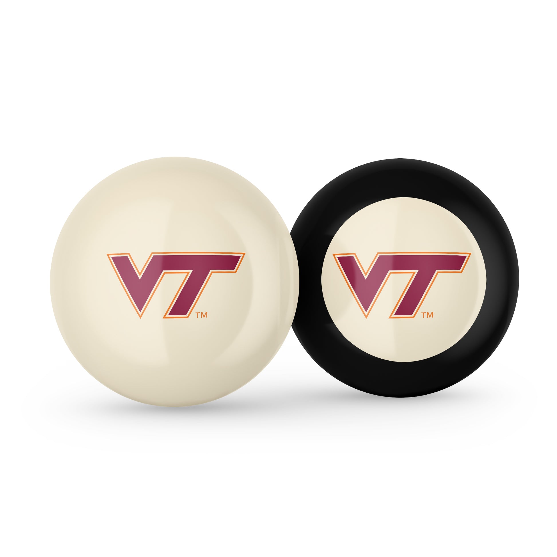 Buy Official Virginia-Tech-Hokies-Pool-Cue-8-Ball-Set Regulation Pool Table Cue Ball and 8-Ball Combo Set - Premium Collegiate Billiards Pack Front View
