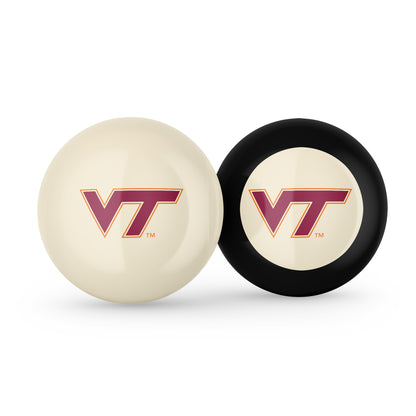 Buy Official Virginia-Tech-Hokies-Pool-Cue-8-Ball-Set Regulation Pool Table Cue Ball and 8-Ball Combo Set - Premium Collegiate Billiards Pack Front View