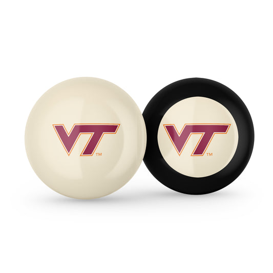 Buy Official Virginia-Tech-Hokies-Pool-Cue-8-Ball-Set Regulation Pool Table Cue Ball and 8-Ball Combo Set - Premium Collegiate Billiards Pack Front View