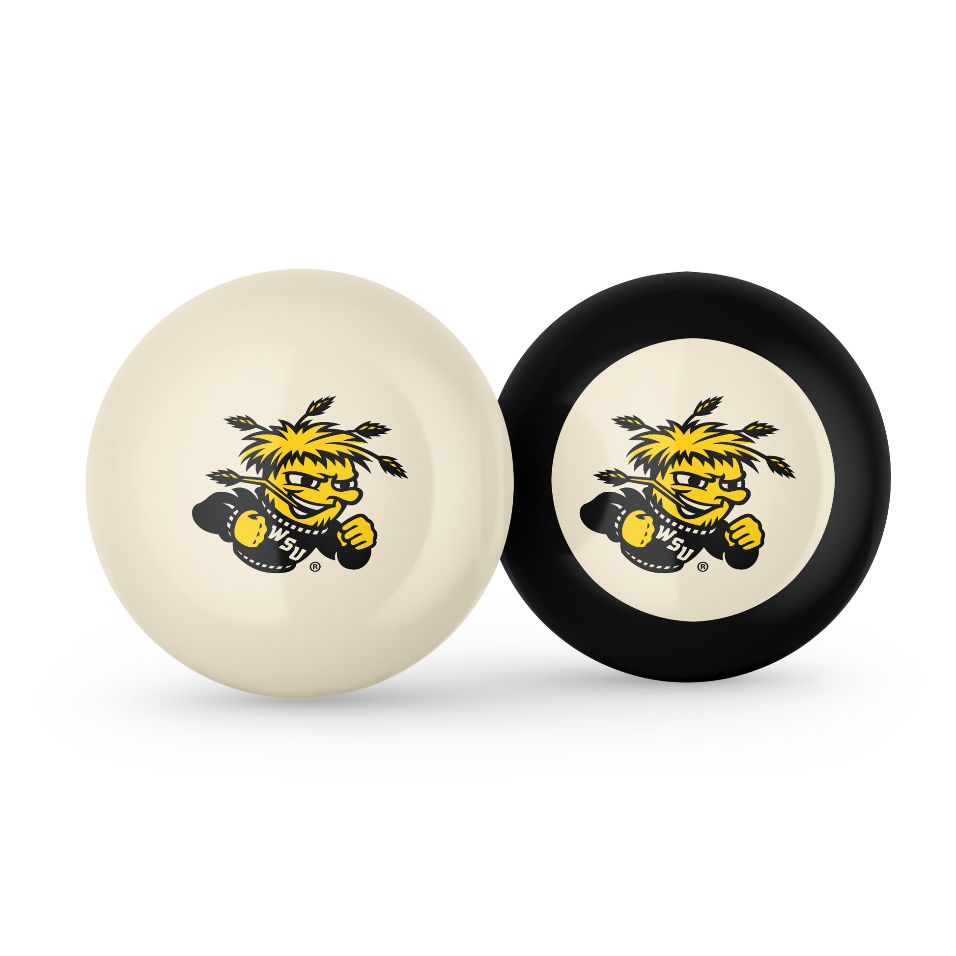 Buy Official Wichita-State-Shockers-Pool-Cue-8-Ball-Set Regulation Pool Table Cue Ball and 8-Ball Combo Set - Premium Collegiate Billiards Pack Front View