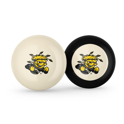 Buy Official Wichita-State-Shockers-Pool-Cue-8-Ball-Set Regulation Pool Table Cue Ball and 8-Ball Combo Set - Premium Collegiate Billiards Pack Front View
