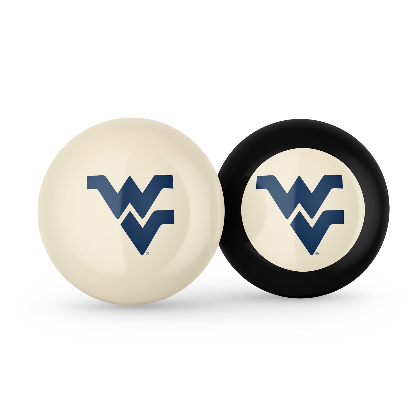 Buy Official West-Virginia-Mountaineers-Pool-Cue-8-Ball-Set Regulation Pool Table Cue Ball and 8-Ball Combo Set - Premium Collegiate Billiards Pack Front View