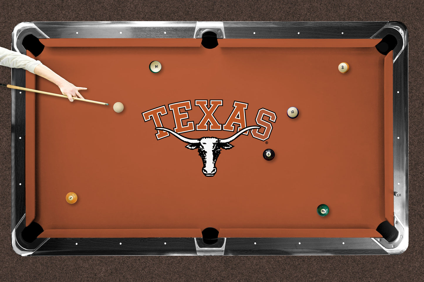 Texas Longhorns Custom Pool Table Replacement Felt ALT Logo LIFESTYLE