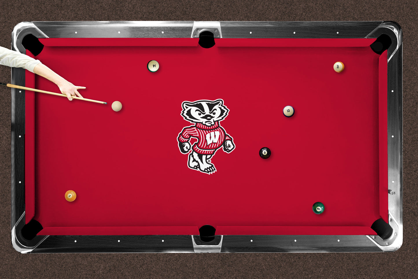 Wisconsin Badgers Custom Pool Table Replacement Felt ALT Logo LIFESTYLE