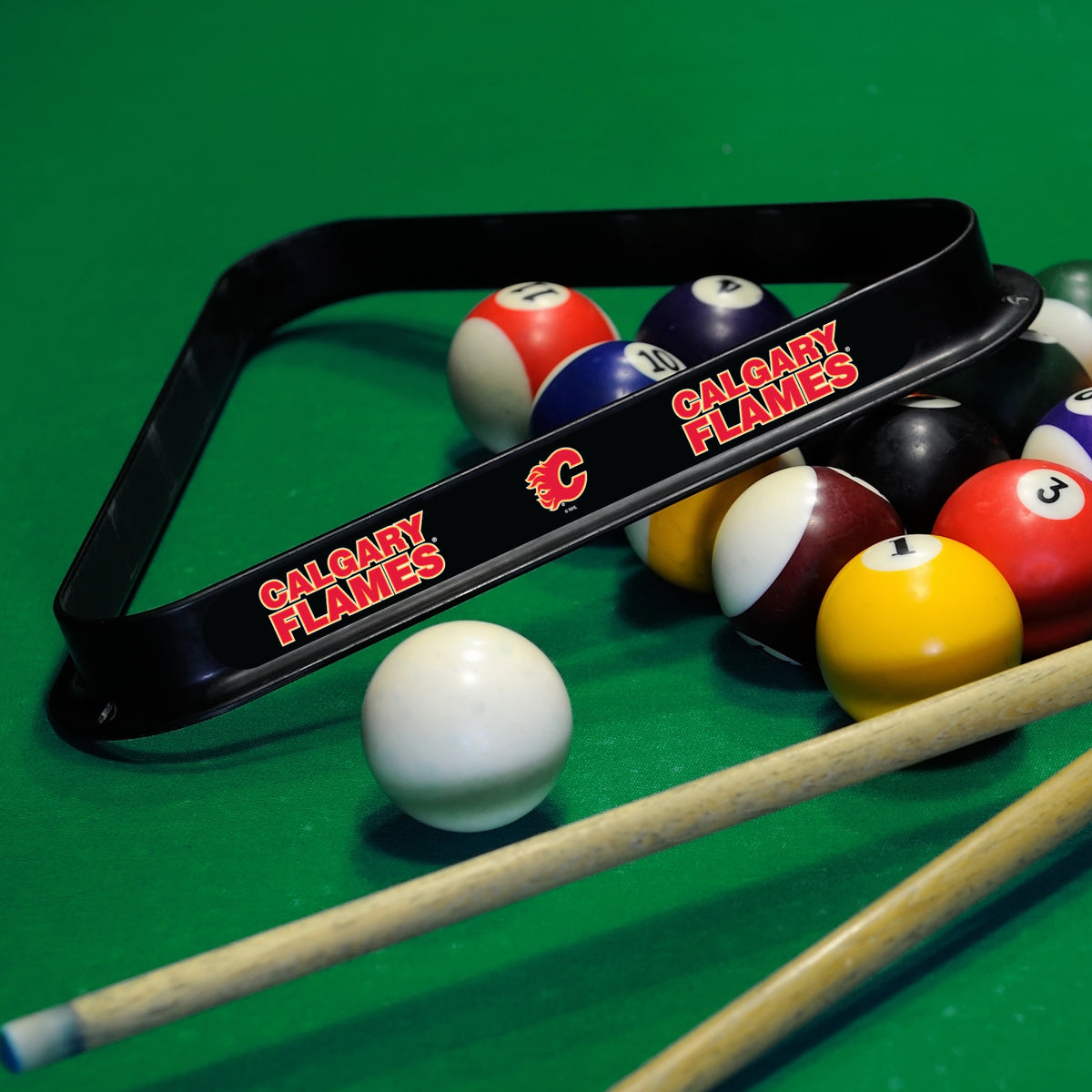 Calgary Flames NHL 8-ball triangle rack - lifestyle photo