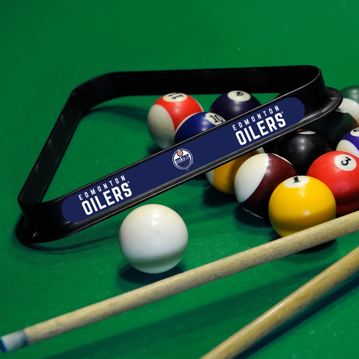 Edmonton Oilers NHL 8-ball triangle rack - lifestyle photo