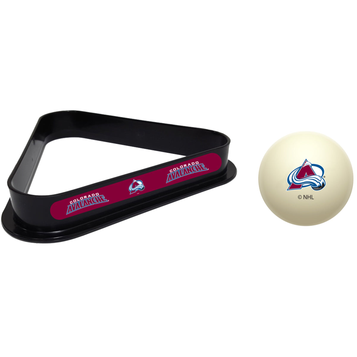 Colorado Avalanche NHL cue ball and triangle rack set for pool table