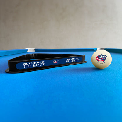 Columbus Blue Jackets NHL cue ball and triangle rack set - lifestyle photo