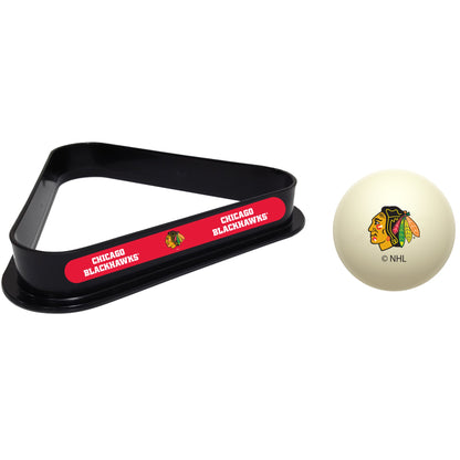 Chicago Blackhawks NHL cue ball and triangle rack set for pool table