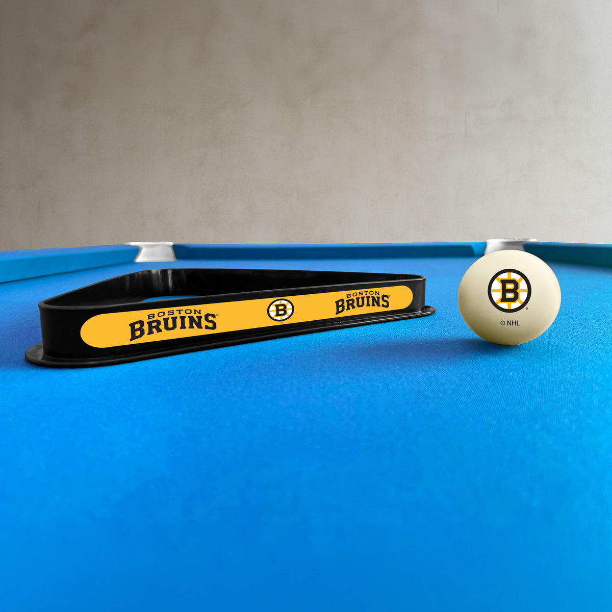 Boston Bruins NHL cue ball and triangle rack set - lifestyle photo