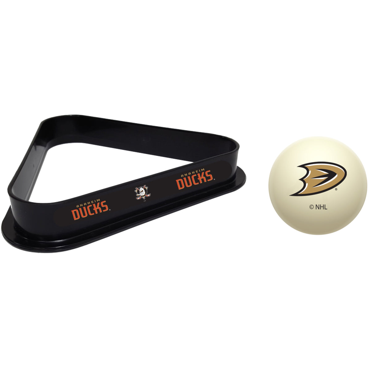 Anaheim Ducks NHL cue ball and triangle rack set for pool table