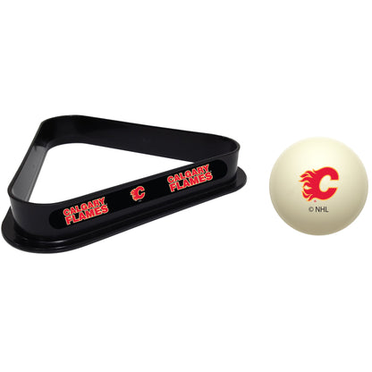 Calgary Flames NHL cue ball and triangle rack set for pool table