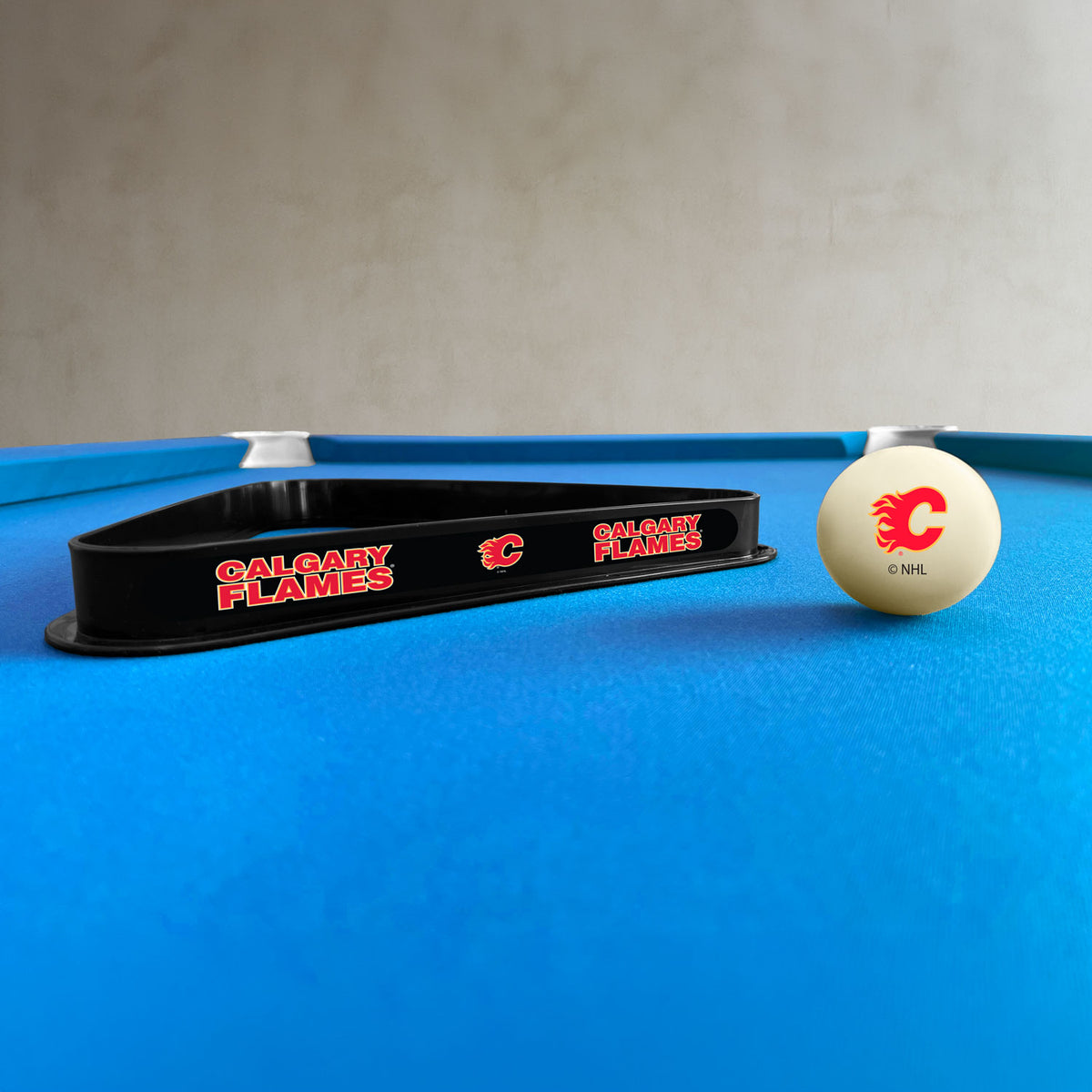Calgary Flames NHL cue ball and triangle rack set - lifestyle photo