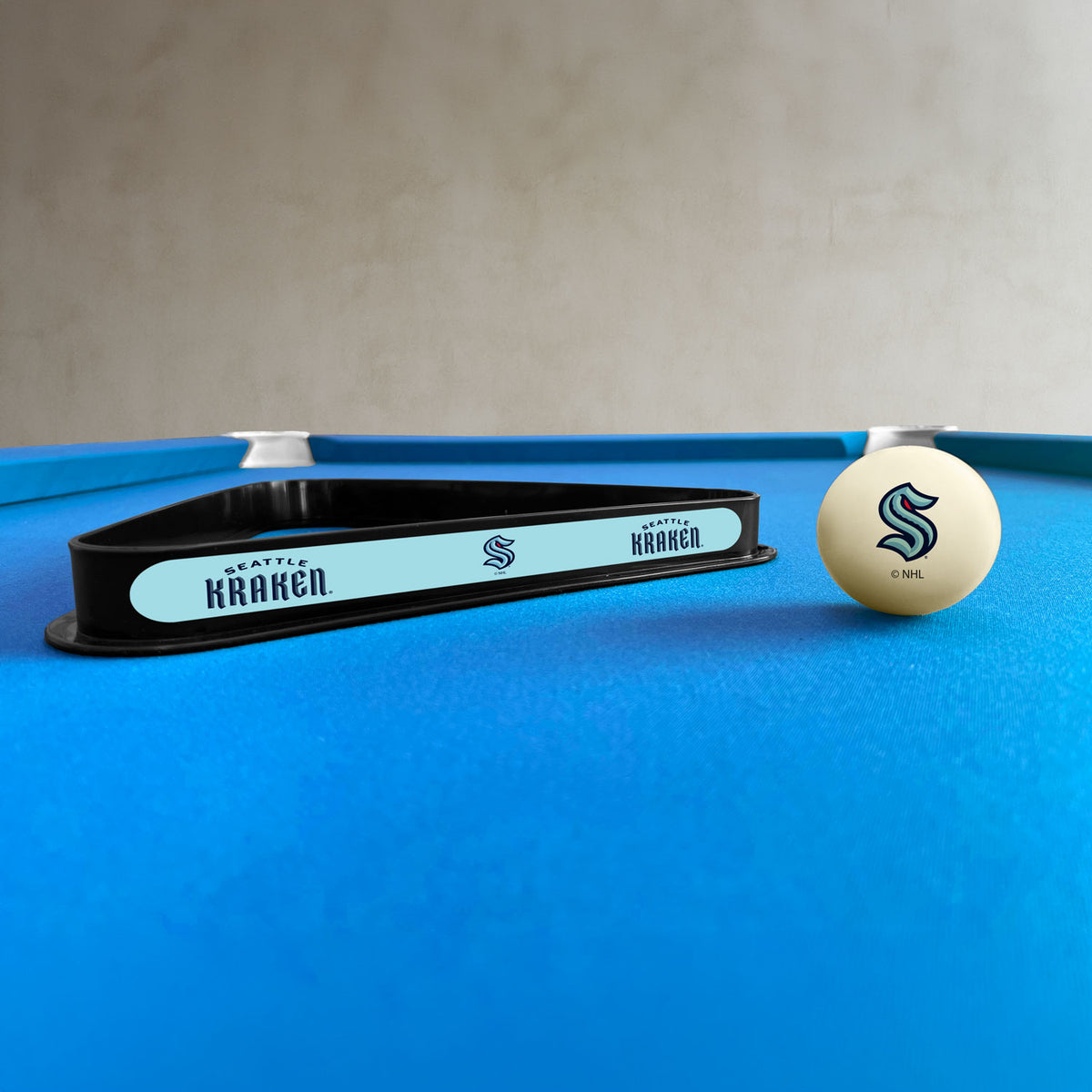 Seattle Kraken NHL cue ball and triangle rack set - lifestyle photo