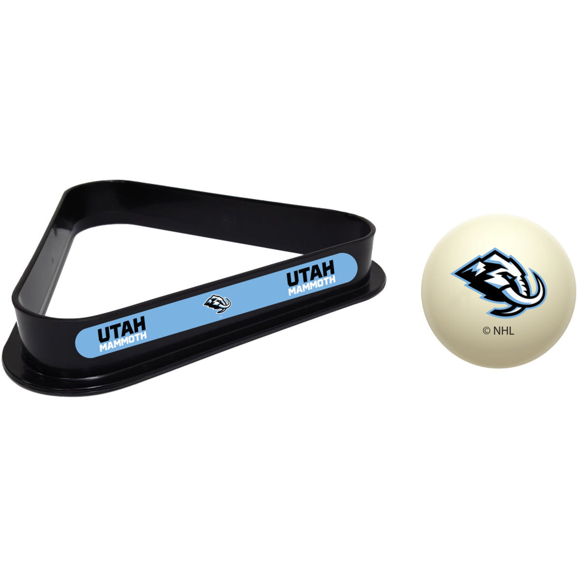 Utah Mammoth NHL cue ball and triangle rack set for pool table