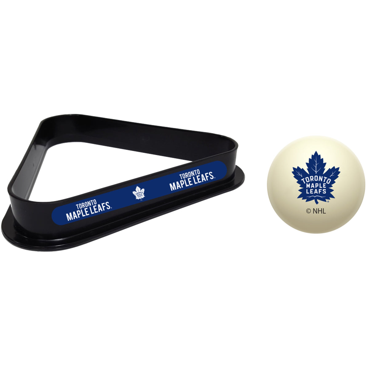 Toronto Maple Leafs NHL cue ball and triangle rack set for pool table
