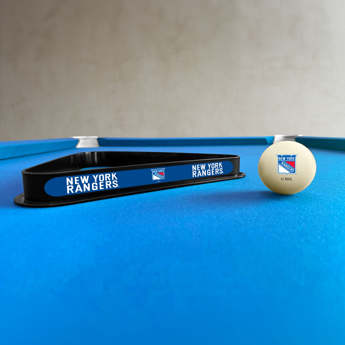New York Rangers NHL cue ball and triangle rack set - lifestyle photo