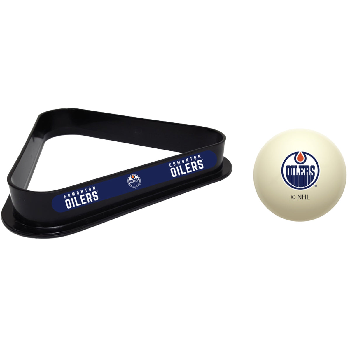 Edmonton Oilers NHL cue ball and triangle rack set for pool table