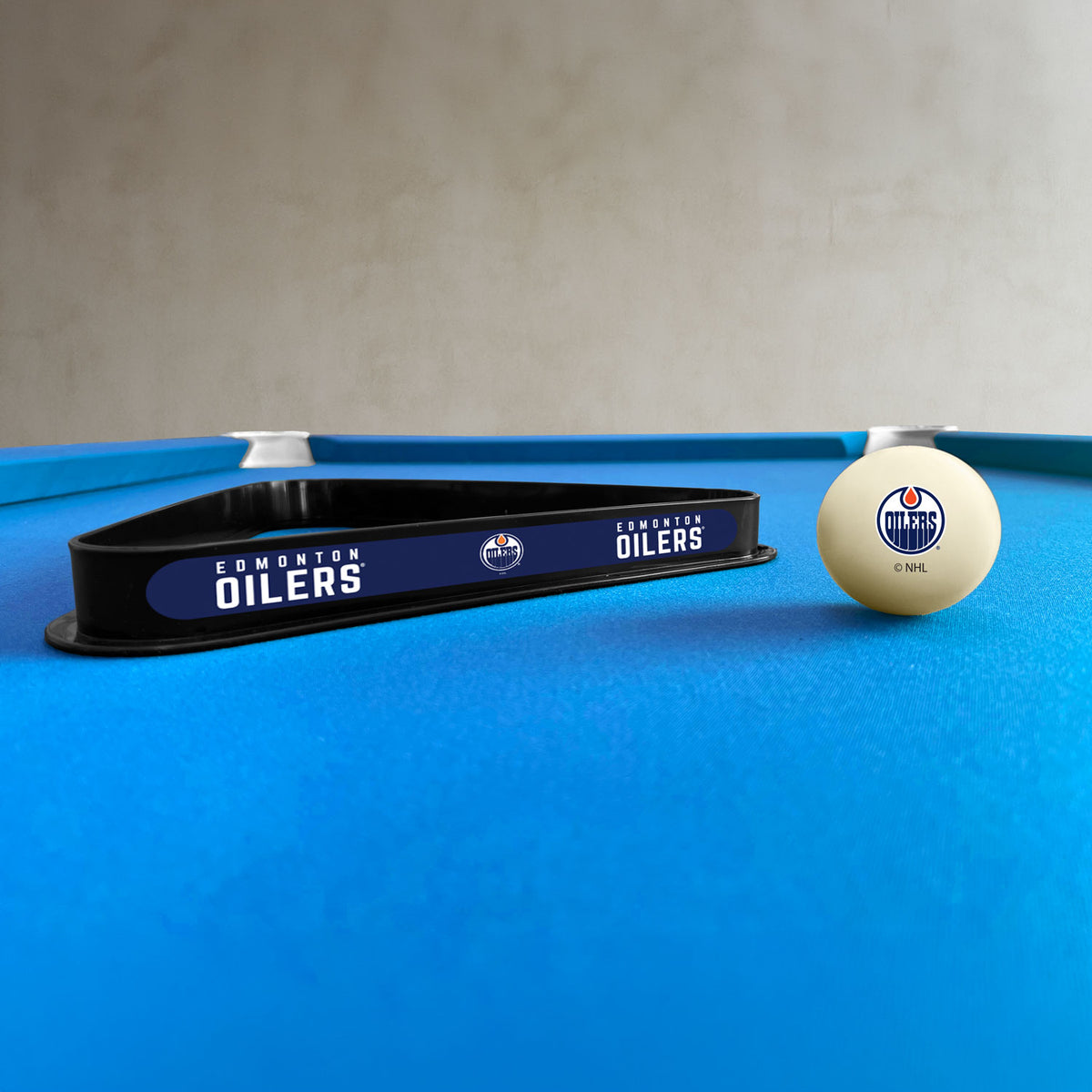 Edmonton Oilers NHL cue ball and triangle rack set - lifestyle photo