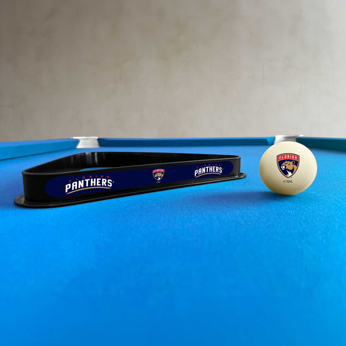 Florida Panthers NHL cue ball and triangle rack set - lifestyle photo