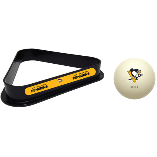 Pittsburgh Penguins NHL cue ball and triangle rack set for pool table