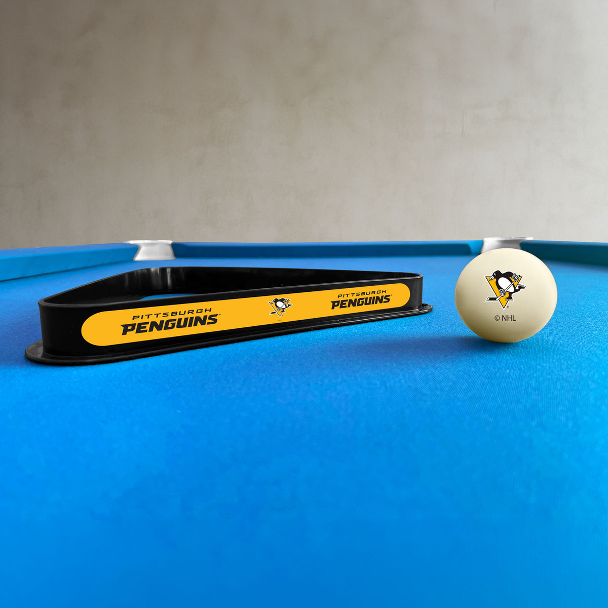 Pittsburgh Penguins NHL cue ball and triangle rack set - lifestyle photo