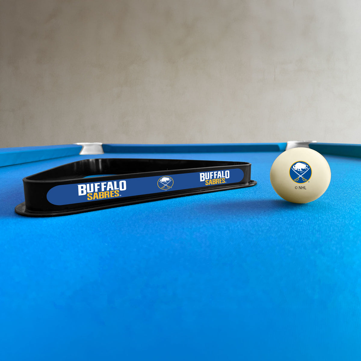 Buffalo Sabres NHL cue ball and triangle rack set - lifestyle photo
