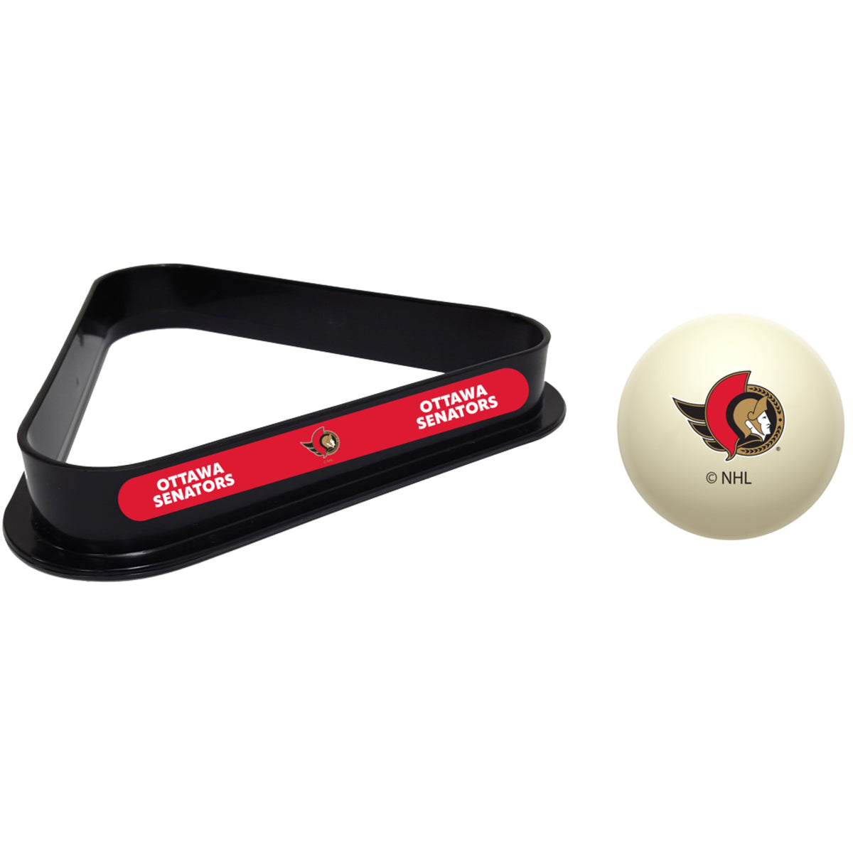 Ottawa Senators NHL cue ball and triangle rack set for pool table