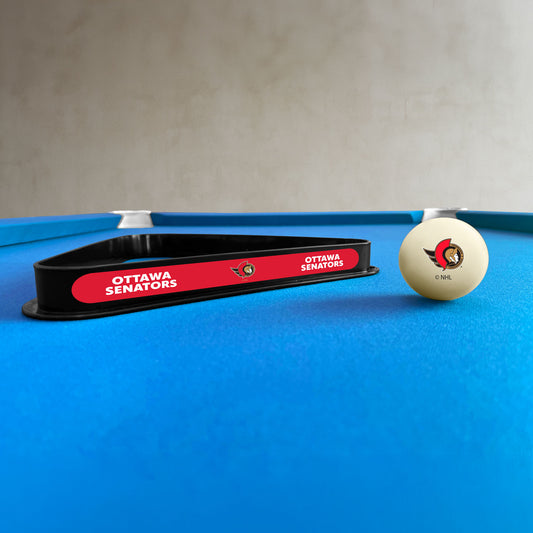 Ottawa Senators NHL cue ball and triangle rack set - lifestyle photo