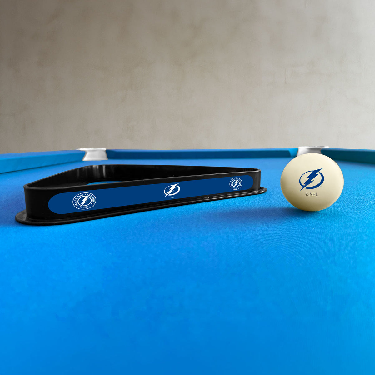 Tampa Bay Lightning NHL cue ball and triangle rack set - lifestyle photo