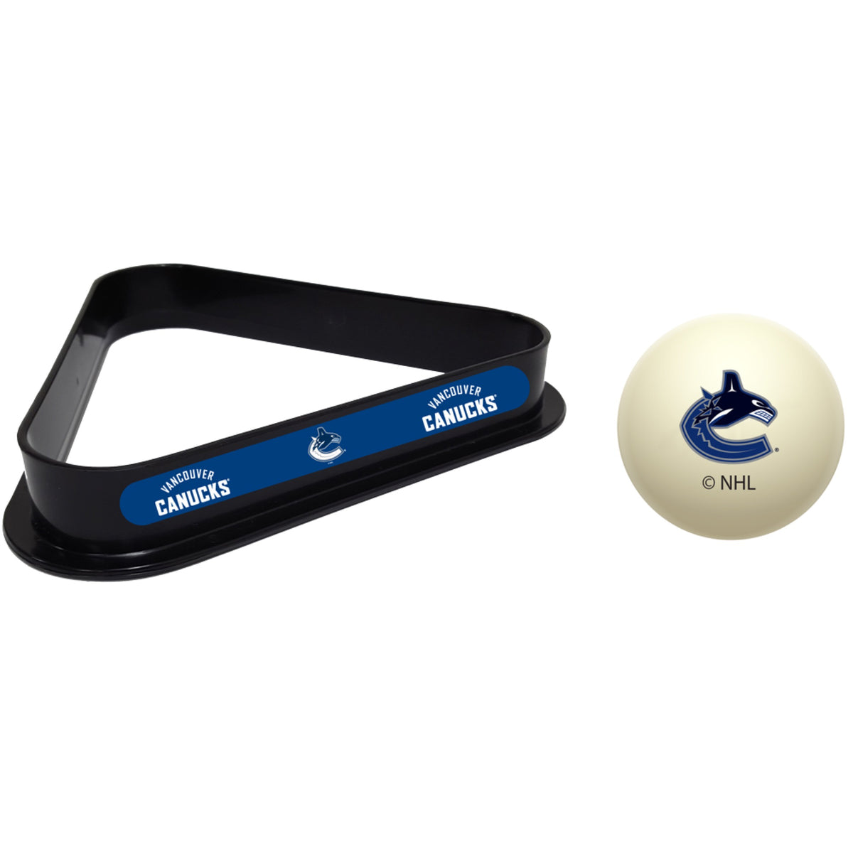 Vancouver Canucks NHL cue ball and triangle rack set for pool table