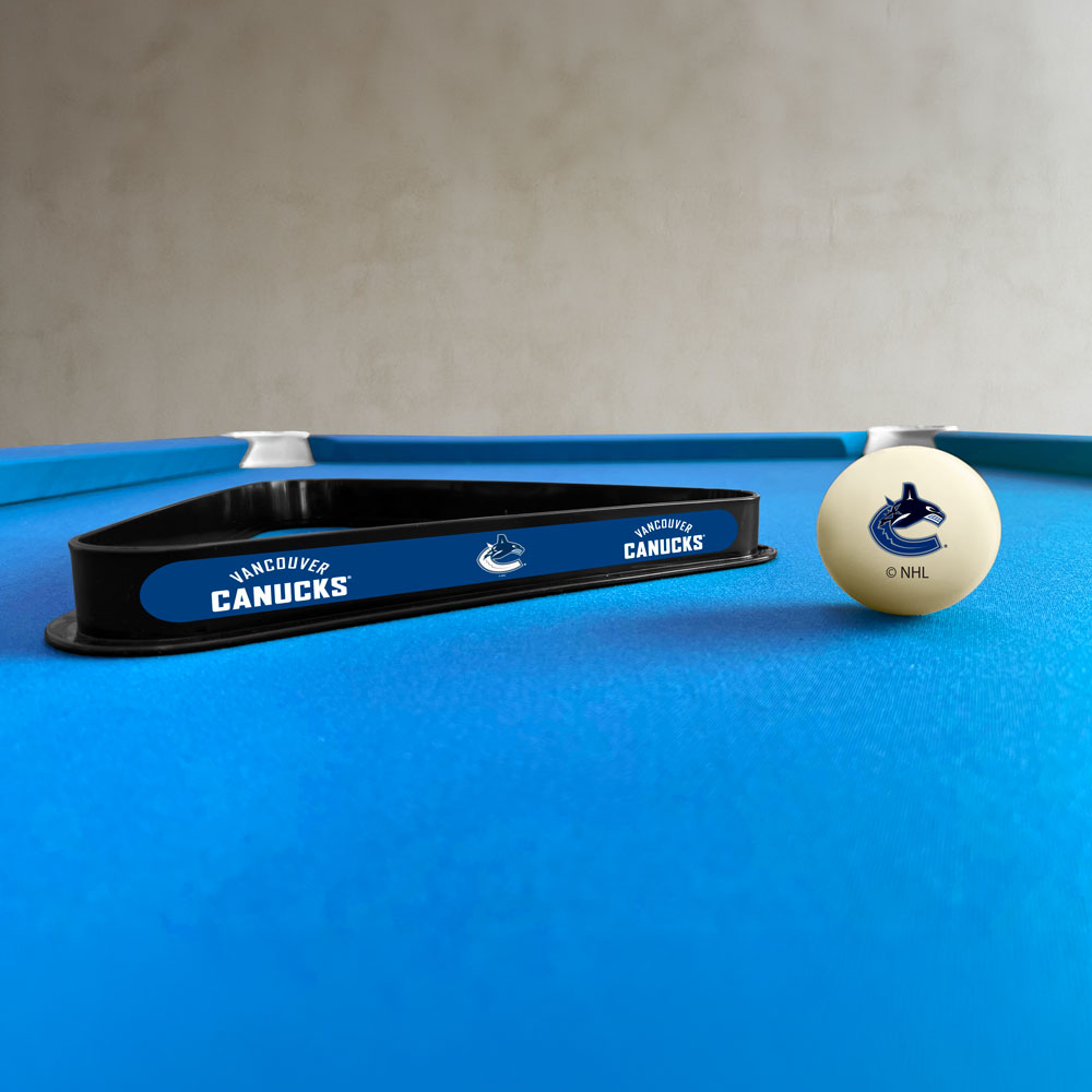 Vancouver Canucks NHL cue ball and triangle rack set - lifestyle photo