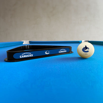 Vancouver Canucks NHL cue ball and triangle rack set - lifestyle photo