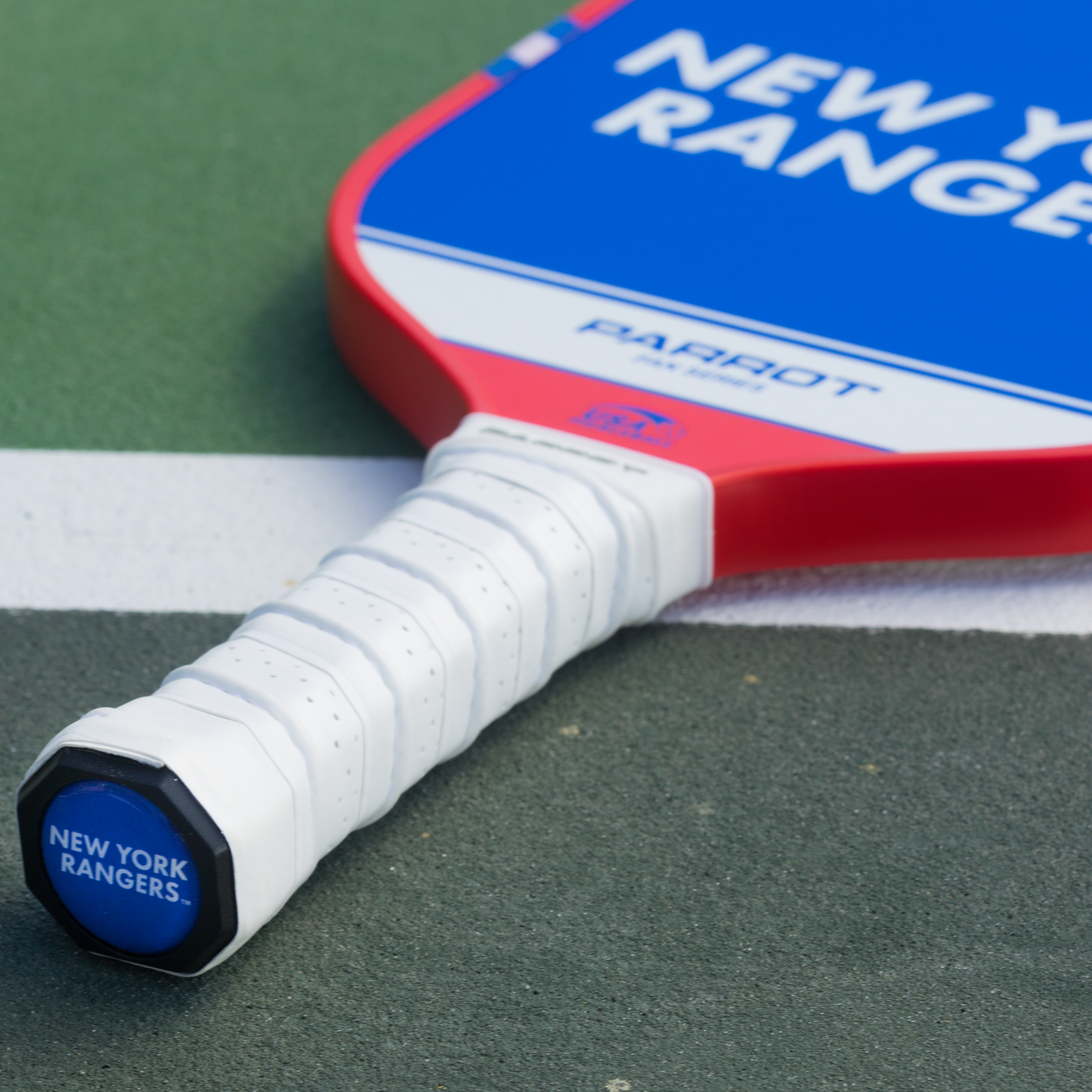 New York Rangers Sport Plus pickleball paddle back view on the court