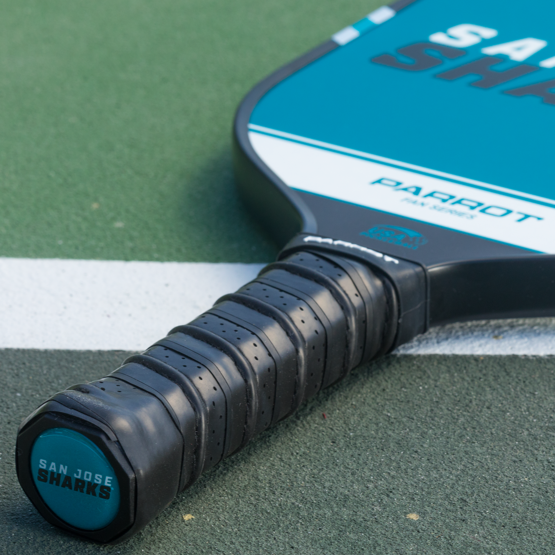 San Jose Sharks Sport Plus pickleball paddle back view on the court