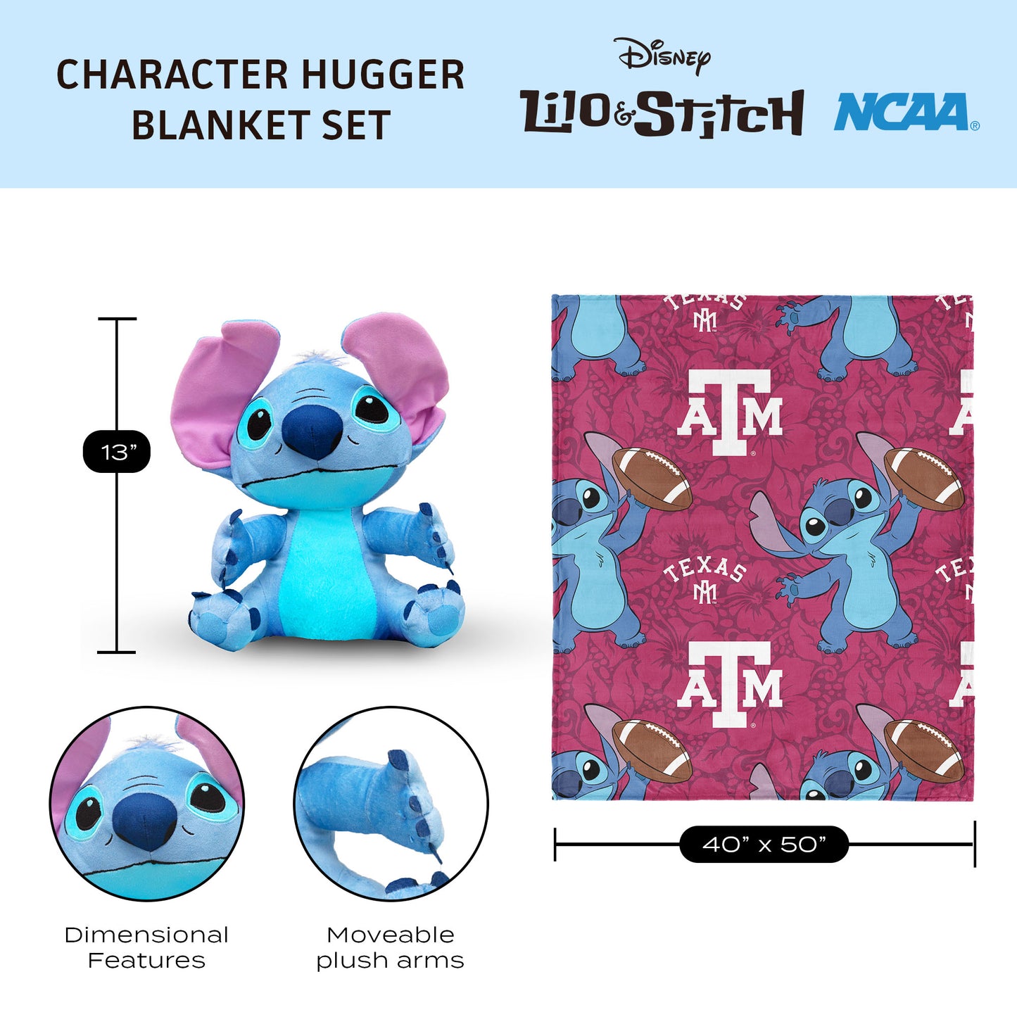 Texas A&M Aggies Lilo and Stitch Hugger Dimensions
