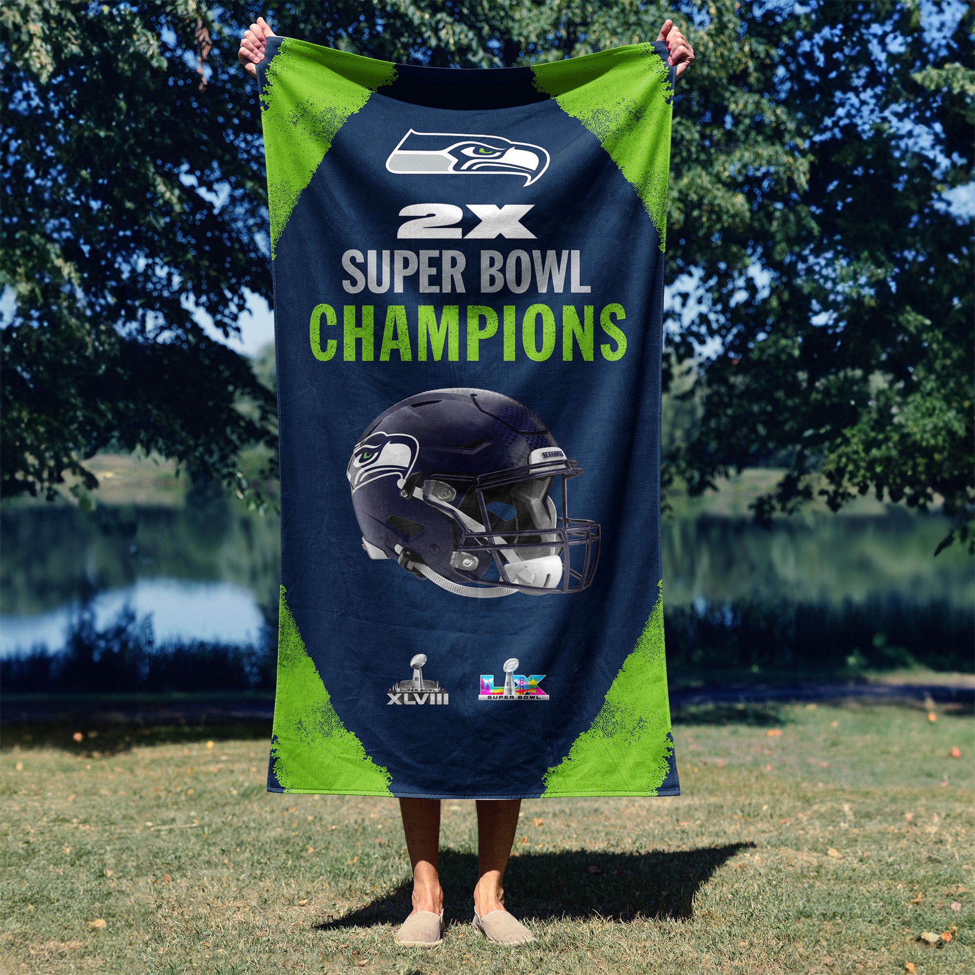 Seattle Seahawks Multi Super Bowl Champs Beach Towel Lifestyle 2