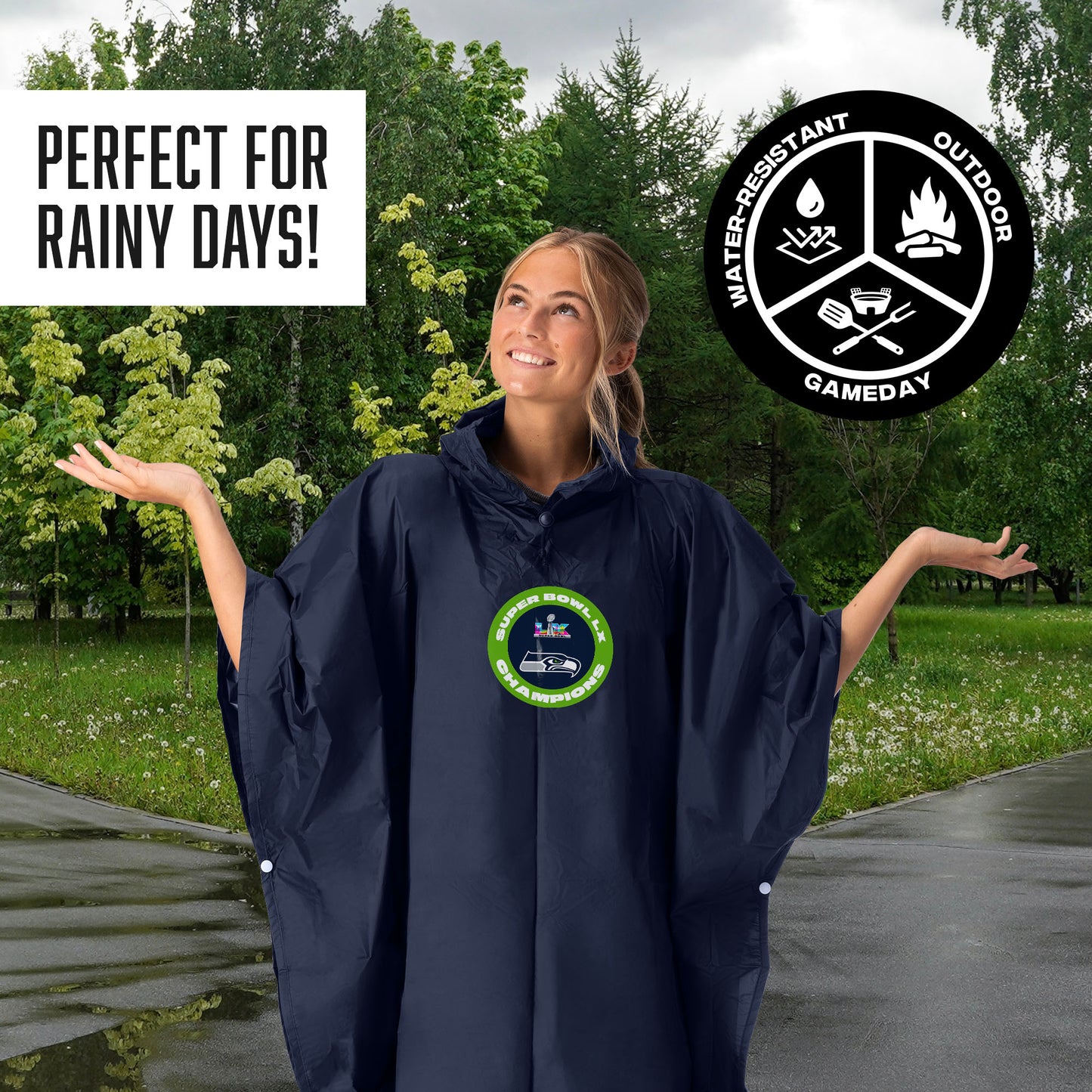 Seattle Seahawks Super Bowl 60 Champs Hooded Rain Poncho