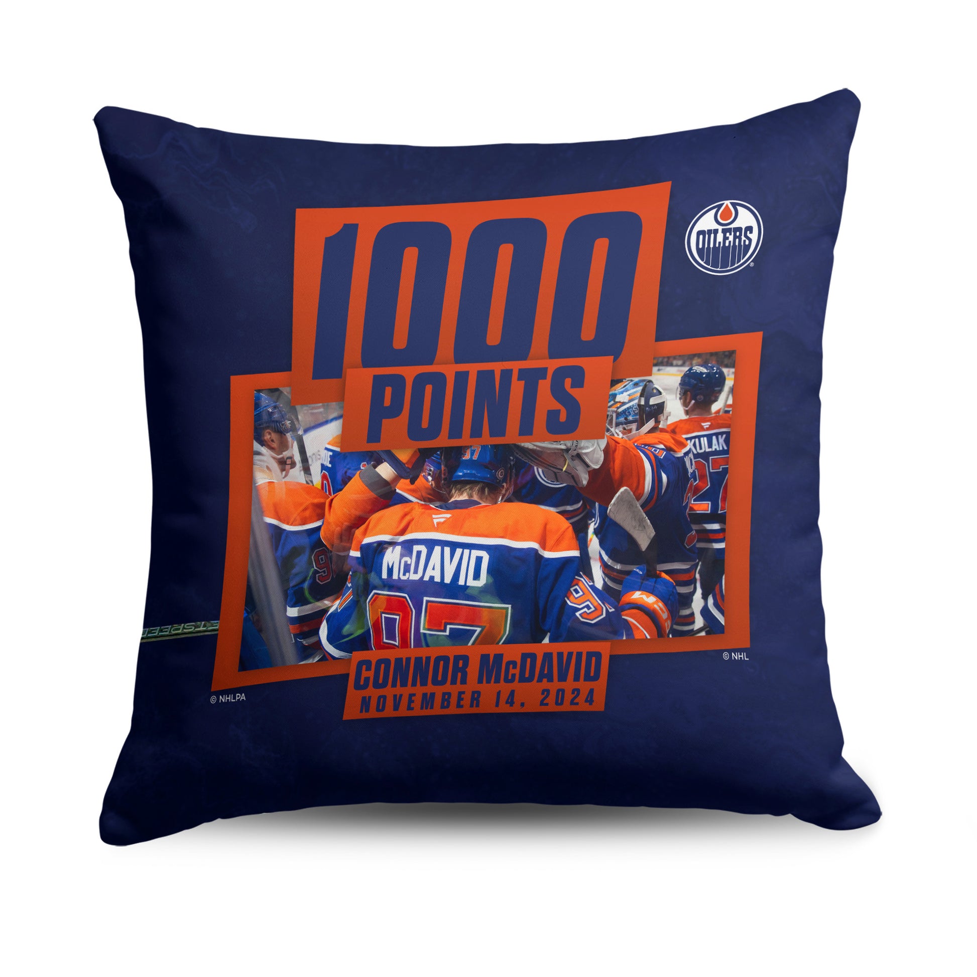 Edmonton Oilers Connor McDavid 1000 points throw pillow Back