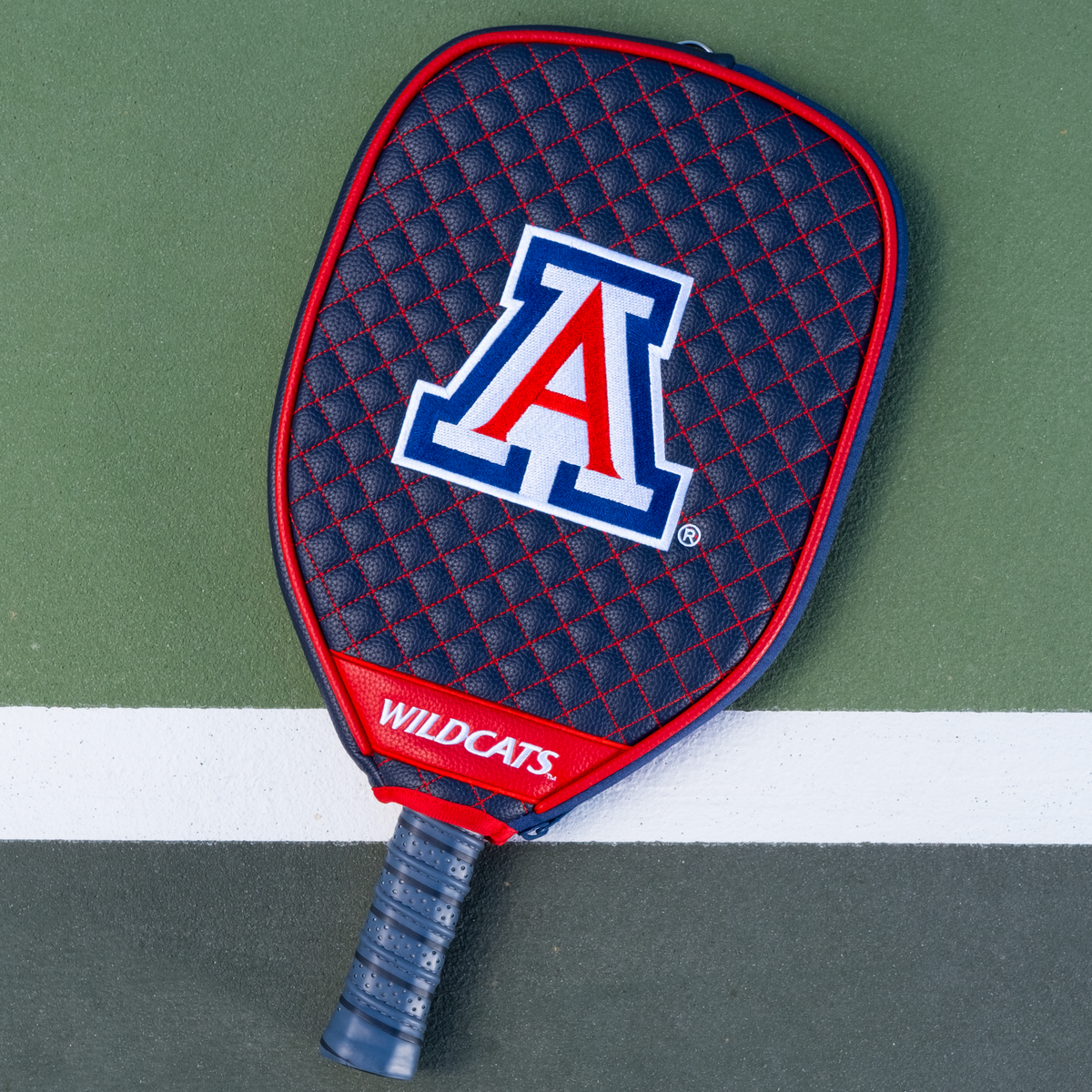 Arizona Wildcats quilted pickleball paddle cover on court view