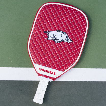 Arkansas Razorbacks quilted pickleball paddle cover on court view