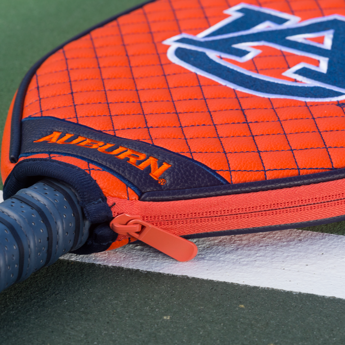 Auburn Tigers Orange quilted pickleball paddle cover closeup image