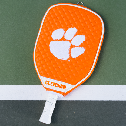 Clemson Tigers quilted pickleball paddle cover on court view
