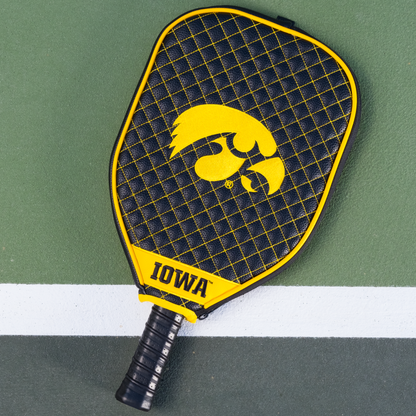 Iowa Hawkeyes quilted pickleball paddle cover on court view