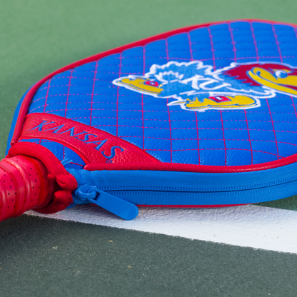 Kansas Jayhawks Blue quilted pickleball paddle cover closeup image