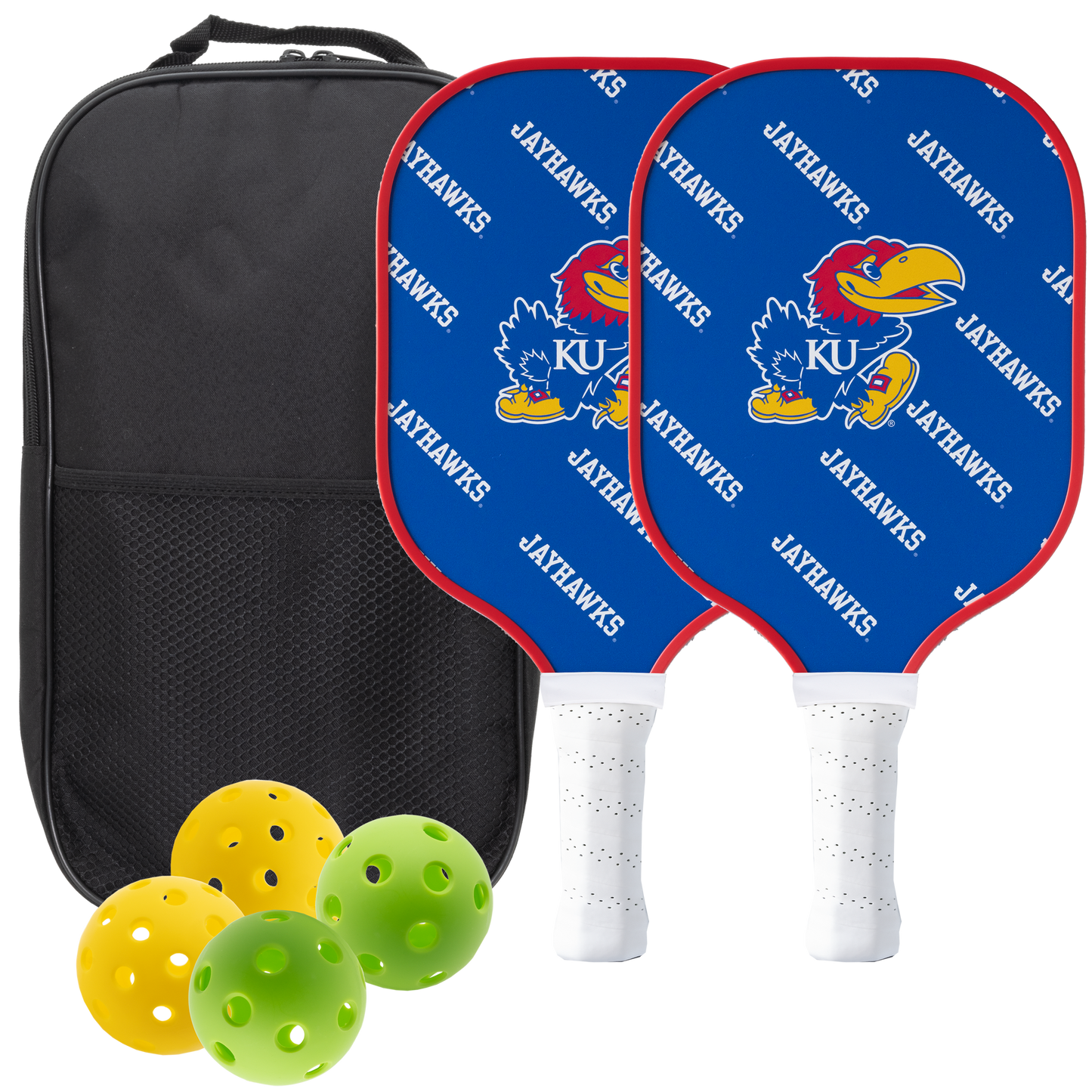 Kansas Jayhawks pickleball paddle set with balls and carry case