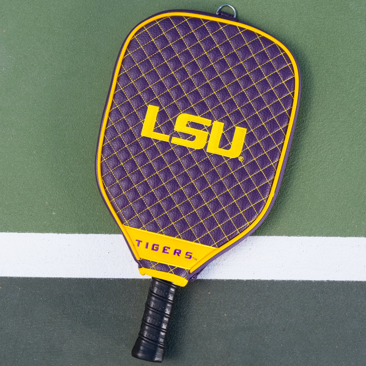 LSU Tigers quilted pickleball paddle cover on court view