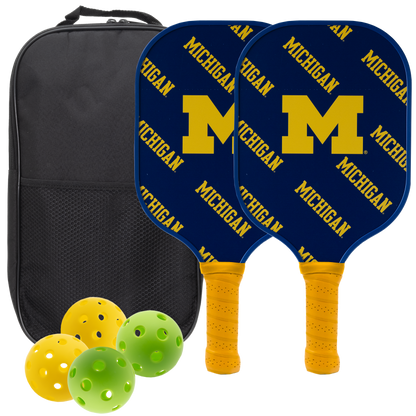 Michigan Wolverines pickleball paddle set with balls and carry case